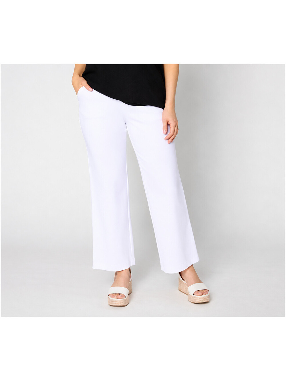 Susan Graver Soleil Slub Rib Knit Elastic Waist Ankle Pants White, Petite Large